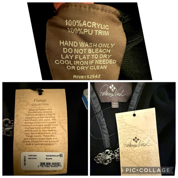 Patricia Nash Cape Poncho Vegan Leather Trim Ornate Metal Clasp Black OS NEW - Picture 13 of 13